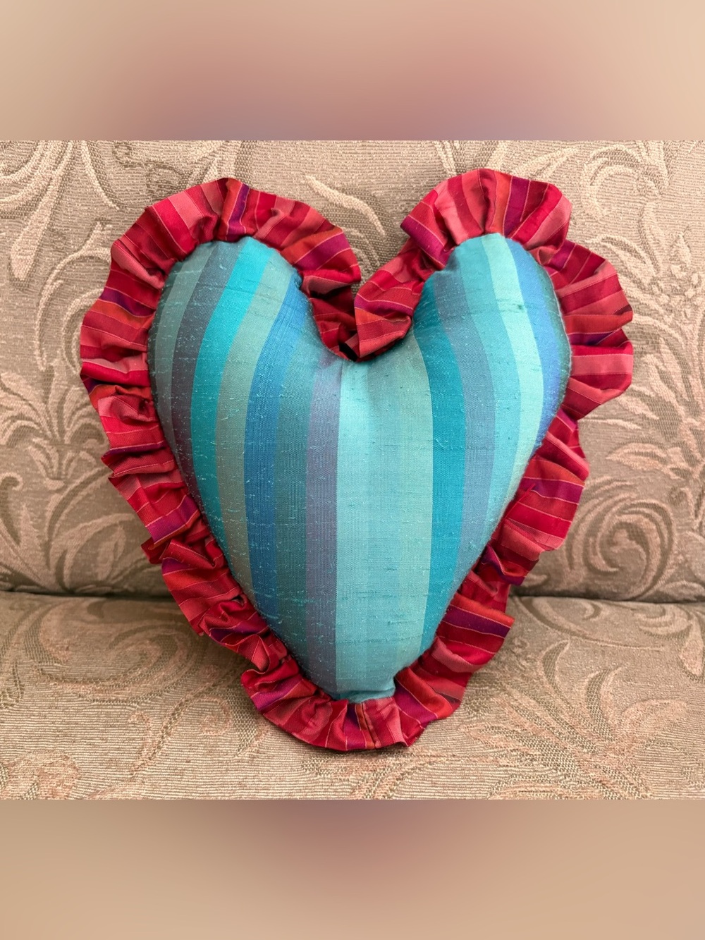 Tara Roma Gill Blue Striped Silk Heart Pillow with Red Ruffle Trim